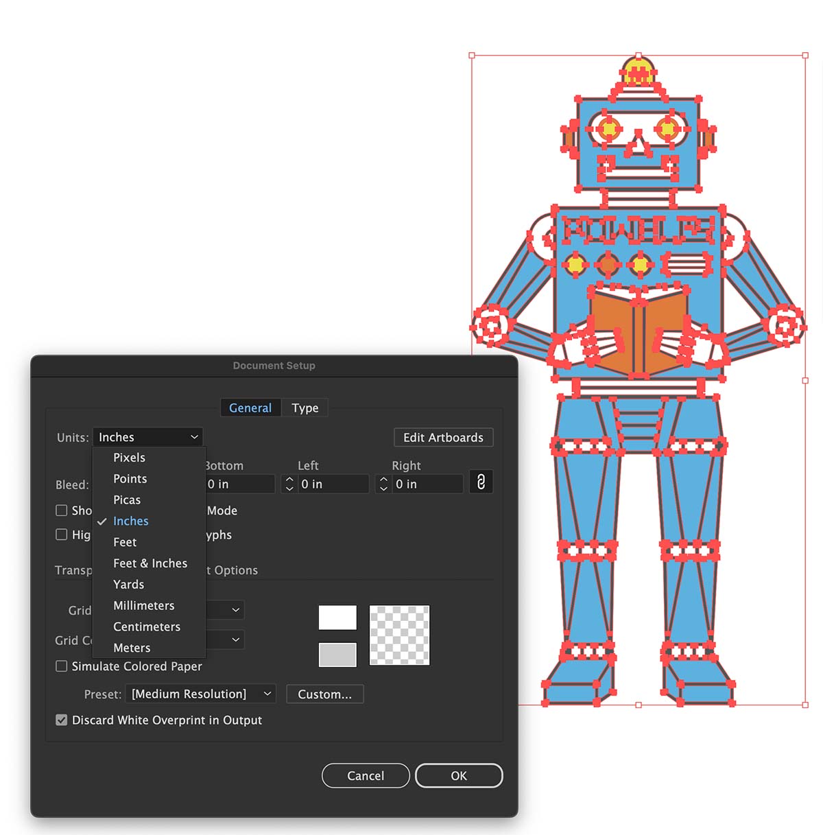 illustrator dimensions in pixels or inches