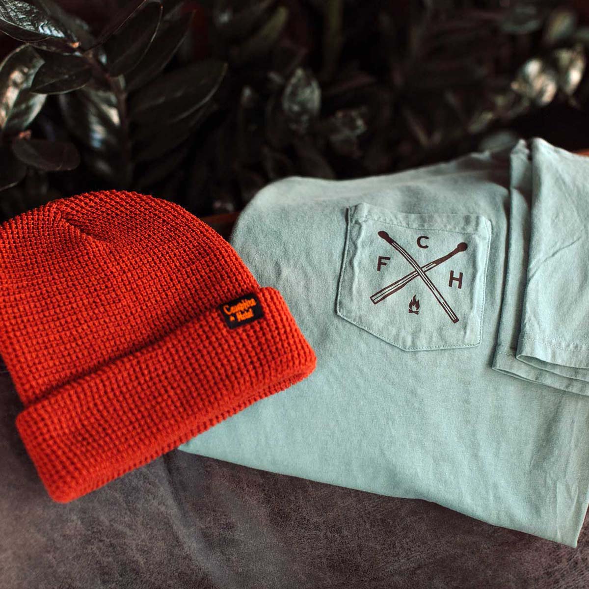 campfire hotel t shirt and knit beanie