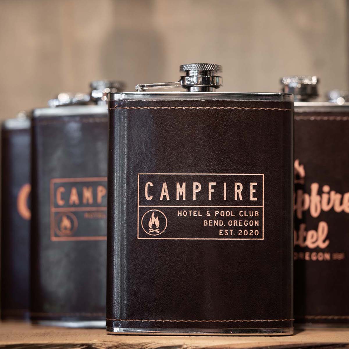 campfire hotel whiskey flasks